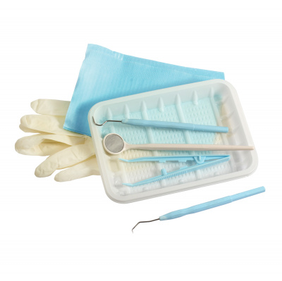 Набор стоматологический одноразовый стерильный "ЕваДент" тип 1 (зеркало стоматологическое,зонд стоматологический,пинцет,салфетка нагрудная,перчатки) (100)